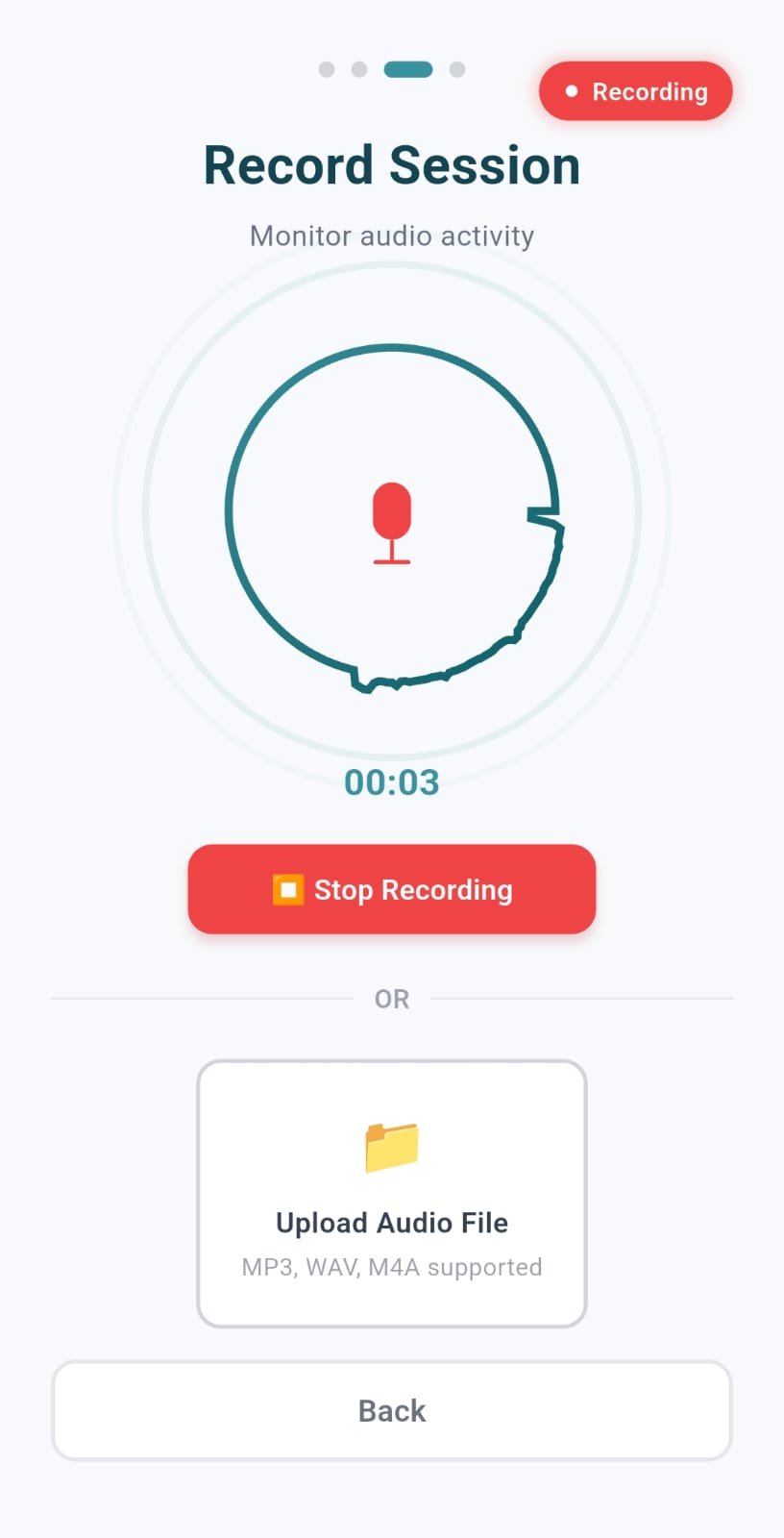 rcovr-ai recording session screen